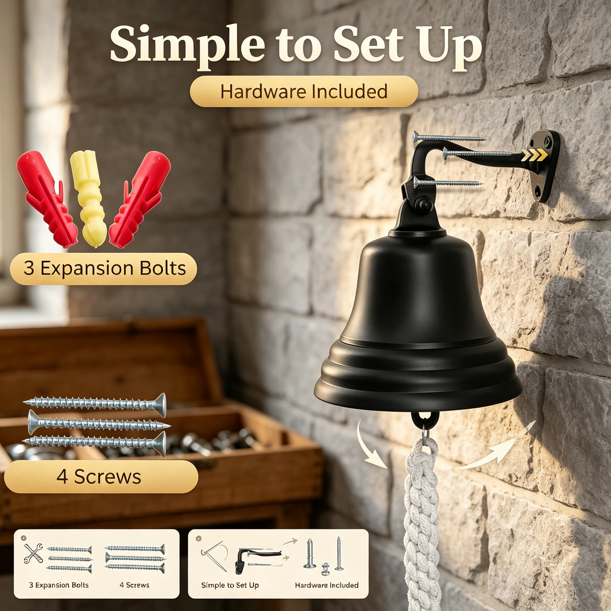Black Wall Mounted Doorbell with Pull Rope