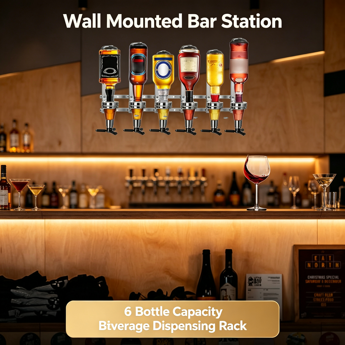 6 Bottle Wall Mounted Beverage Dispenser Rack