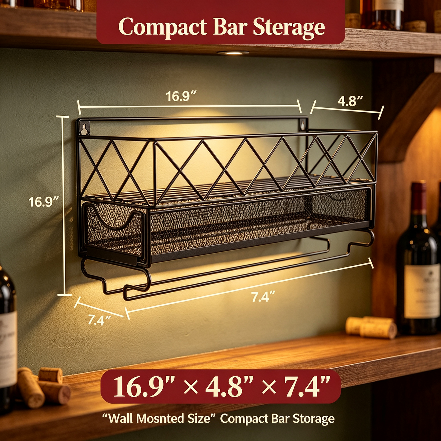 Wall Mounted Wine Rack with Glass Holder