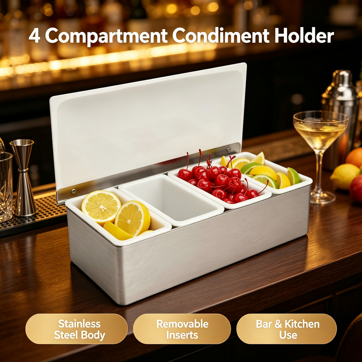 4 Compartment Stainless Steel Condiment Holder